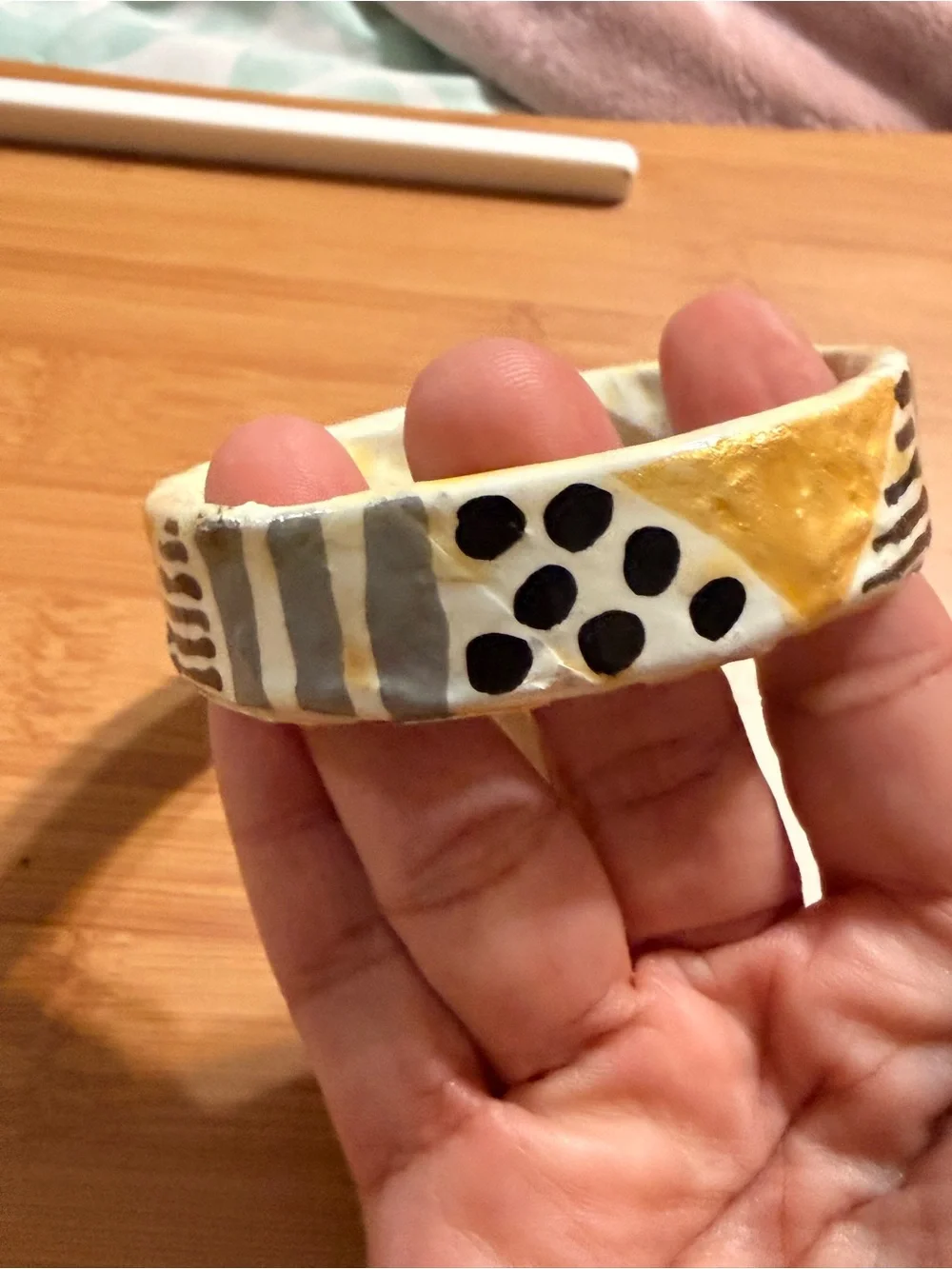 Hand-Painted White Leather Bracelet with Gold, Black & Gray Accents